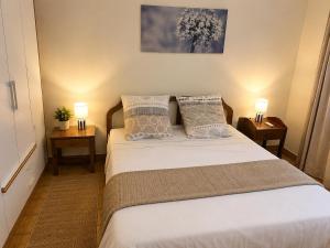 a bedroom with a bed with two night stands and two lamps at Le JUJUBIER in Le Robert