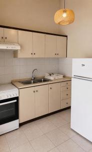 a kitchen with a sink and a white refrigerator at Camvas Apartments in Panormos Kalymnos