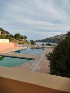 a swimming pool with a view of a body of water at Port Aloès in Cerbère