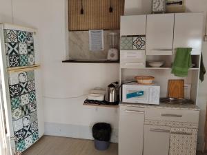 a small kitchen with a counter and a microwave at Hostel Familiar Estudiantil in Montevideo