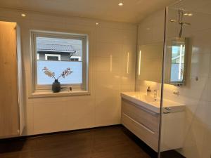 a bathroom with a sink and a vase of flowers in a window at Moderne enebolig med gratis parkering in Alta +35 photos