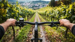 a person riding a bike through a vineyard at Relais Borgo Taurino in Valdobbiadene