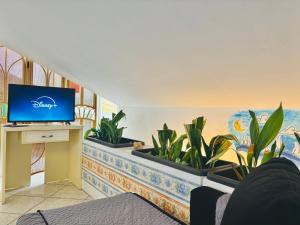 a room with three plants on a desk with a computer at Grandmother's Attic in Furore