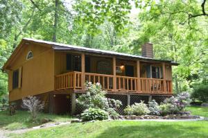 una casa en el bosque con terraza en Panther Creek Cabins, en Cherokee