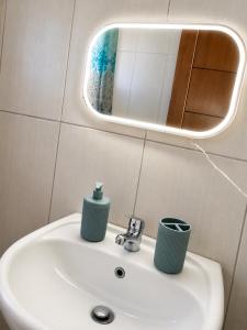 a bathroom with a sink and a mirror at The Pine House in Fier