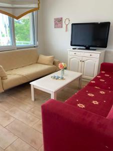 a living room with a couch and a tv at Dream house Peramos in Nea Peramos