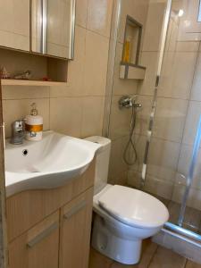 a bathroom with a toilet and a sink and a shower at Dream house Peramos in Nea Peramos +27 photos