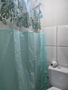 a bathroom with a shower with a green shower curtain at Flat Casa Grande in Itapira +50 photos