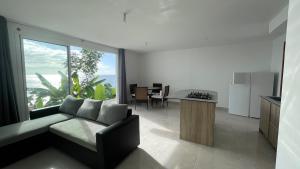 a living room with a couch and a large window at Les Terrasses du Fort in Basse-Terre