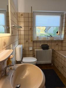 a bathroom with a sink and a toilet and a window at Landzeit in Efringen-Kirchen