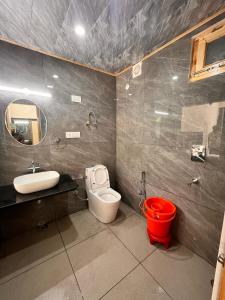a bathroom with a toilet and a sink and a mirror at Nomad House in Manāli +7 photos