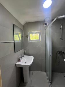 a white bathroom with a sink and a shower at Bujtina Pllumi Theth in Theth