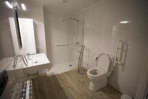 a bathroom with a toilet and a sink and a shower at Apartamentos Canto Encaramado in Gibaja +5 photos