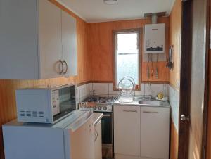 a small kitchen with a stove and a microwave at Cabaña Río Blanco in Curacautín