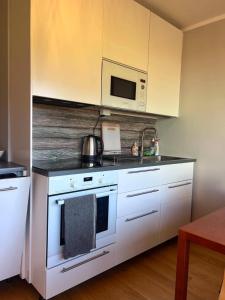 a kitchen with a white stove and a microwave at Viskoosa Näkmani Apartment in Kõrgessaare +5 photos