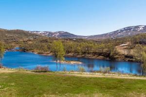 a lake in a field with mountains in the background at New! Mountain apartment close to Hardangervidda in Eidfjord
