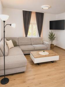 a living room with a couch and a coffee table at Apartma PERIN in Dobrovo
