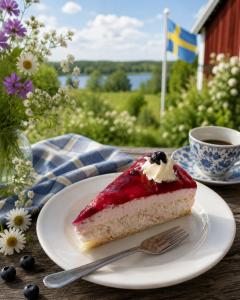 a piece of cake on a plate next to a cup of coffee at Linda's Apartment in Sörsjön