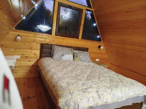 a bedroom with a bed in a cabin with windows at Roinis Villa in T'khilnari