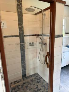 a shower with a glass door in a bathroom at Kleine Weite-Das Schwedenhus in Landesbergen +22 photos