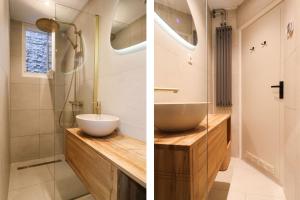 two images of a bathroom with a sink and a shower at City Suite Sneek in Sneek
