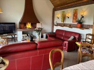 a living room with a red couch and a fireplace at La Cour des Miracles Gîte in Sequehart