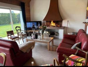 a living room with red furniture and a fireplace at La Cour des Miracles Gîte in Sequehart