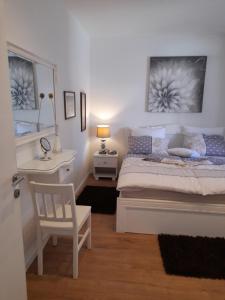 a bedroom with a bed with a chair and a mirror at Villa Domic in Slatine