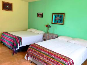 two beds in a room with green walls at Casa Tuta in Ciudad Vieja