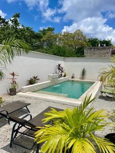 a swimming pool in a backyard with a table and chairs at Casa Arena Cozumel in Cozumel
