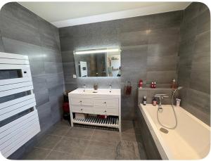 a bathroom with a sink and a bath tub and a sink at Chambre du petit bois in Montceaux