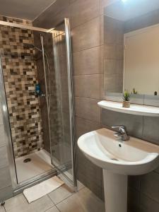 a bathroom with a sink and a shower at Les Suites du Quai in Montmélian