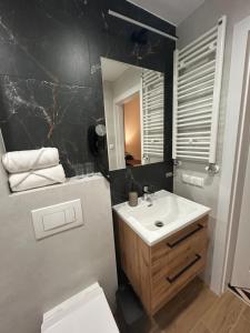 a bathroom with a sink and a toilet and a mirror at Villa Verden in Łomża +31 photos