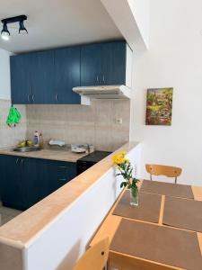a kitchen with blue cabinets and a table with flowers at Lumier Apartment in Zelenika