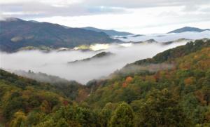 a misty valley in the autumn with trees and mountains at Sunset View Lodge in Elk Park