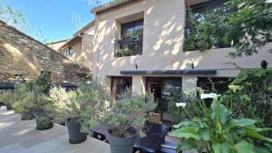 a building with a bunch of potted plants in front of it at Characterful house with private pool in Paulhan in Paulhan