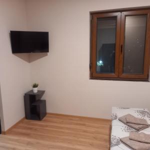 a living room with a tv and a window at Sofija apartments in Gevgelija