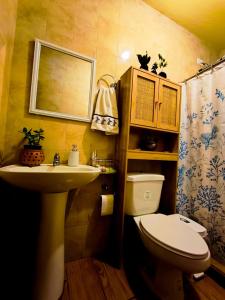 a bathroom with a sink and a toilet and a mirror at Casa Tuta in Ciudad Vieja