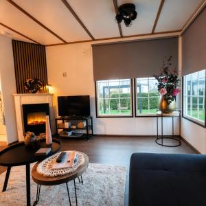 a living room with a couch a table and a fireplace at Vienna in Dronrijp