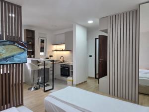 a room with a bed and a kitchen with a counter at Apartmani Optimist in Valjevo