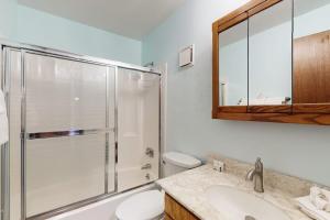 a bathroom with a shower and a toilet and a sink at Buffalo Ridge C302 in Silverthorne +52 photos