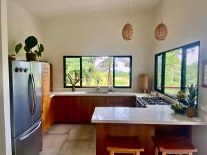 a kitchen with a stainless steel refrigerator and two windows at Tierra Encantada in Dominicalito