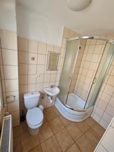 a bathroom with a toilet and a shower and a sink at Margaretka in Łeba