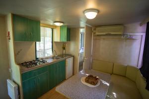 a small kitchen with green cabinets and a bowl on the floor at Belmonte Ranch in Belmonte Castello