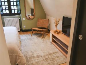 a bedroom with a bed and a chair and a mirror at Manoir Du Moulinet in Château-Gontier