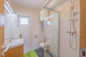 a bathroom with a shower and a toilet and a sink at Apartments at Frapa in Rogoznica