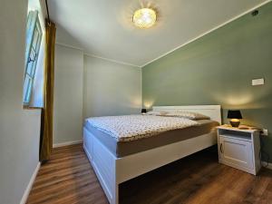 a bedroom with a bed and a green wall at Old Village House Brda in Kojsko