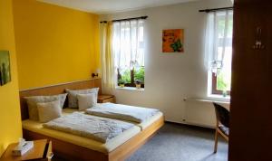 a bedroom with a bed and two windows at Hotel & Restaurant Klosterschänke in Ruhla