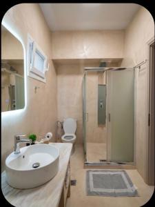 a bathroom with a sink and a shower and a toilet at Sunray Separate Villa in Skala Sotiros +30 photos