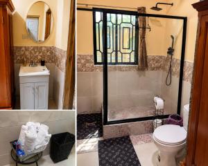 two pictures of a bathroom with a toilet and a window at Renee Oasis in Negril